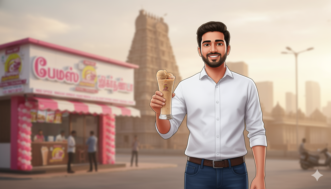 Man with Jigarthanda outside a brightly colored Madurai Famous Jigarthanda Outlet - Franchise Business in Tamil Nadu