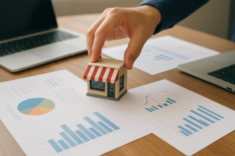 Hand placing a miniature retail shop on business charts, graphs, and financial documents. - Franchise Business in Tamil Nadu