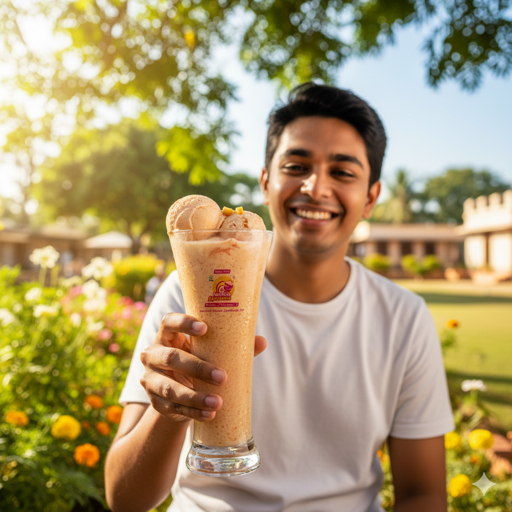 ext Smiling young man holding up a tall glass of Madurai Famous Jigarthanda with two scoops of ice cream in a sunny outdoor garden setting.
