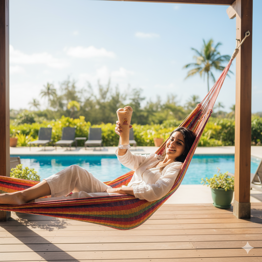 Smiling woman in a white dress lying in a colorful hammock, raising a glass of Madurai Famous Jigarthanda near a sunny pool and palm trees.