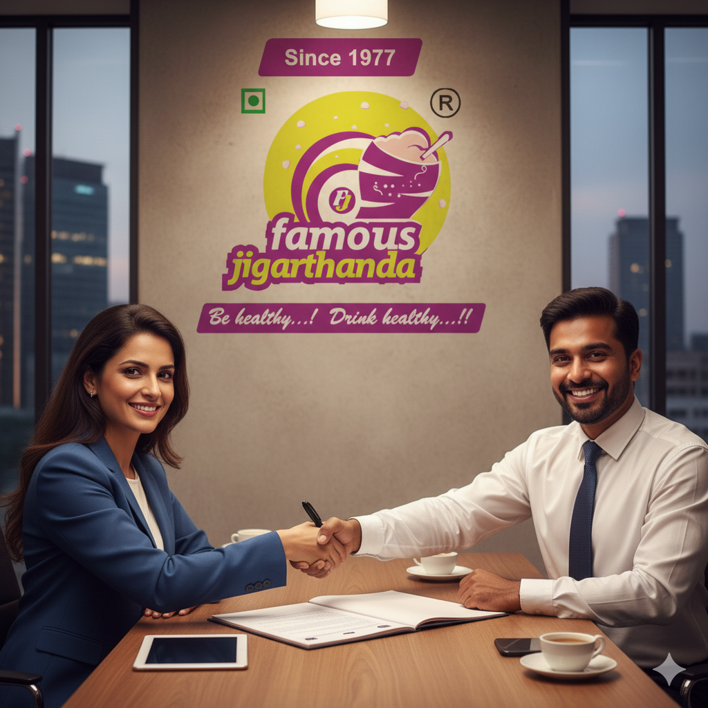 Business partners shaking hands in Madurai Famous Jigarthanda Office - Franchise Opportunities in Karnataka