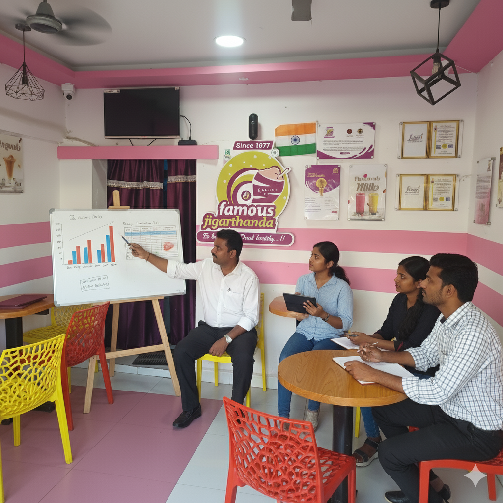 Business meeting with a presenter explaining Franchise Opportunities in Andhra Pradesh at a Madurai Famous Jigarthanda outlet.