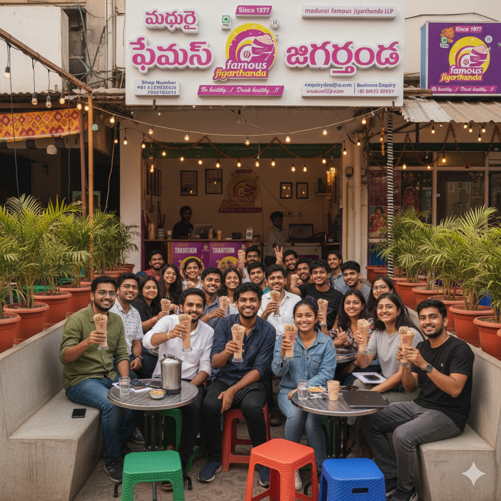 Large group of young, happy customers sitting outside a Madurai Famous Jigarthanda outlet.