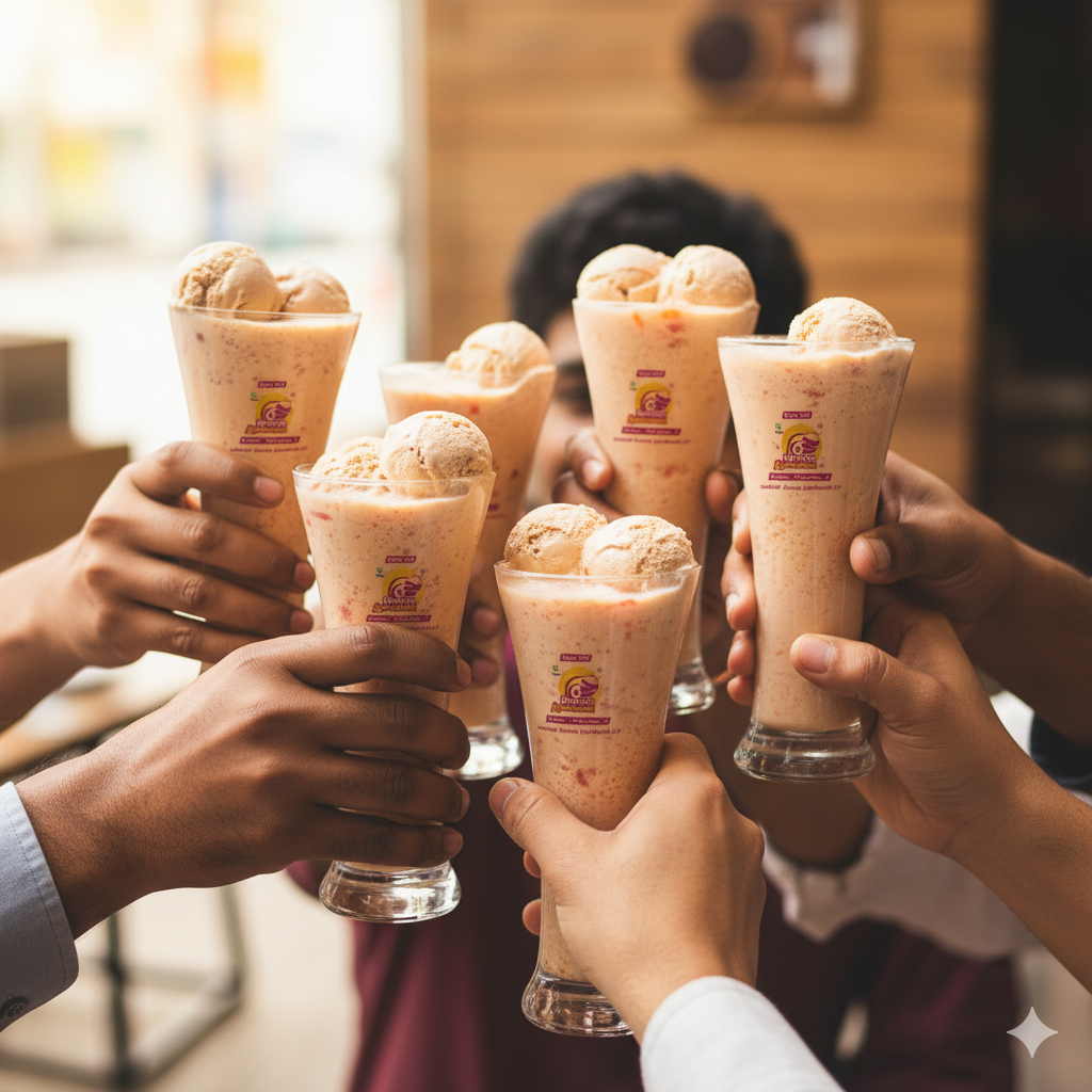 Hands clinking tall glasses of Madurai famous Jigarthanda with ice cream scoops in a toast inside a cafe setting.