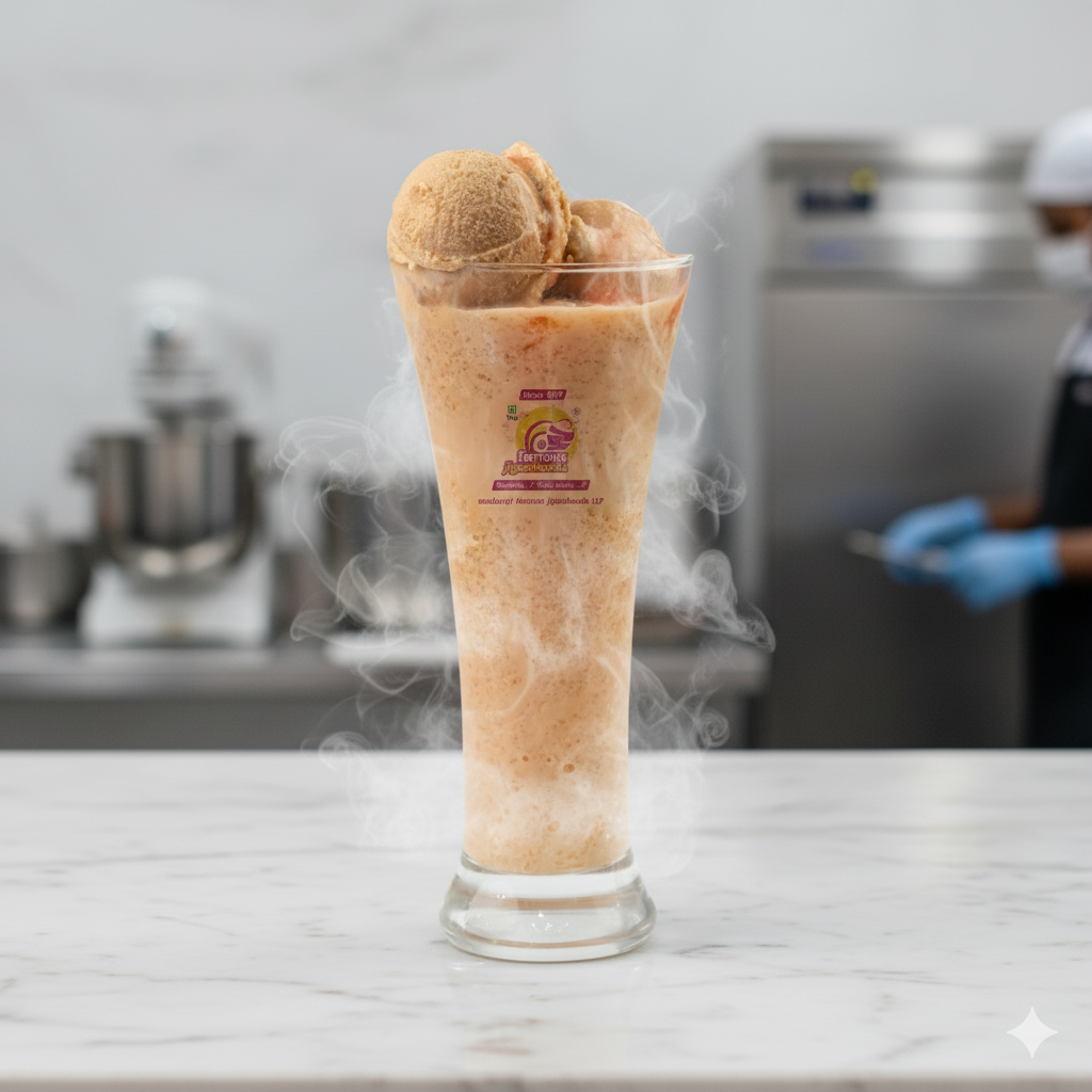 Tall glass of Madurai famous Jigarthanda with three scoops of ice cream