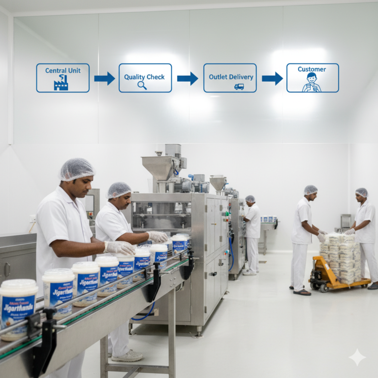 Employees in Madurai Famous Jigarthanda factory setting packaging Jigarthanda in tubs on a conveyor belt, with an overhead diagram showing the process