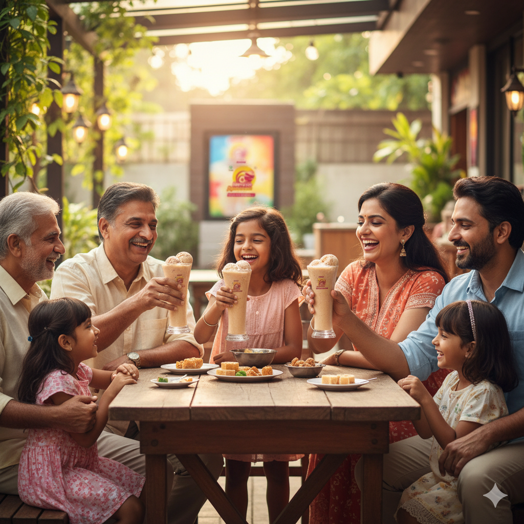 Multi-generational Indian family smiling, cheering with glasses of Madurai Famous Jigarthanda while sitting at an outdoor table with snacks at sunset.
