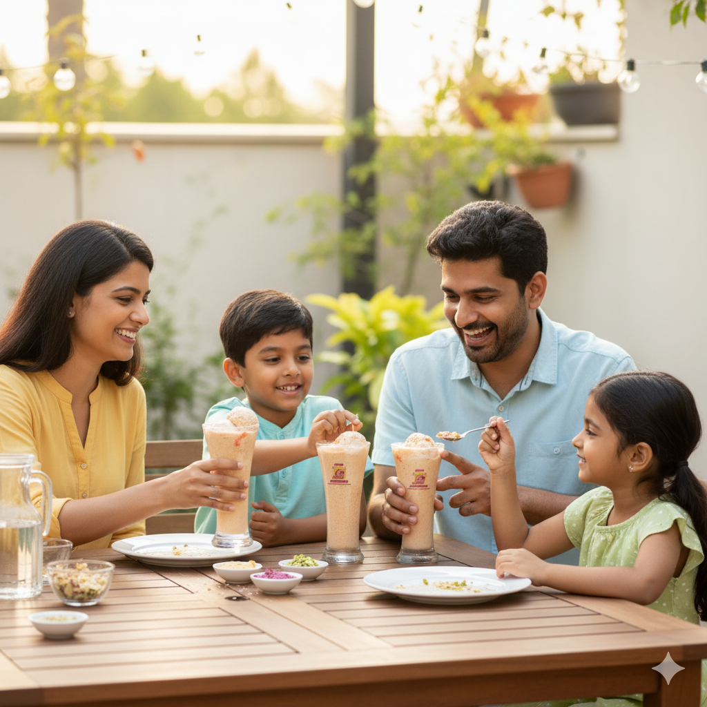 Young family (mother, father, son, daughter) happily eating Madurai Famous Jigarthanda with spoons at an outdoor table on a sunny day.