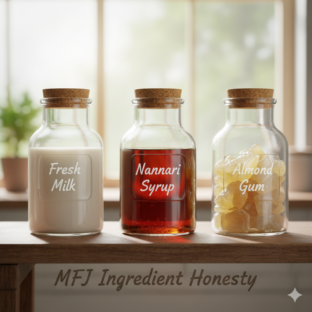 Three clear bottles containing the core ingredients of Madurai Famous Jigarthanda: Fresh Milk, Nannari Syrup, and Almond Gum (Badam Pisin), labeled "MFJ Ingredient Honesty".