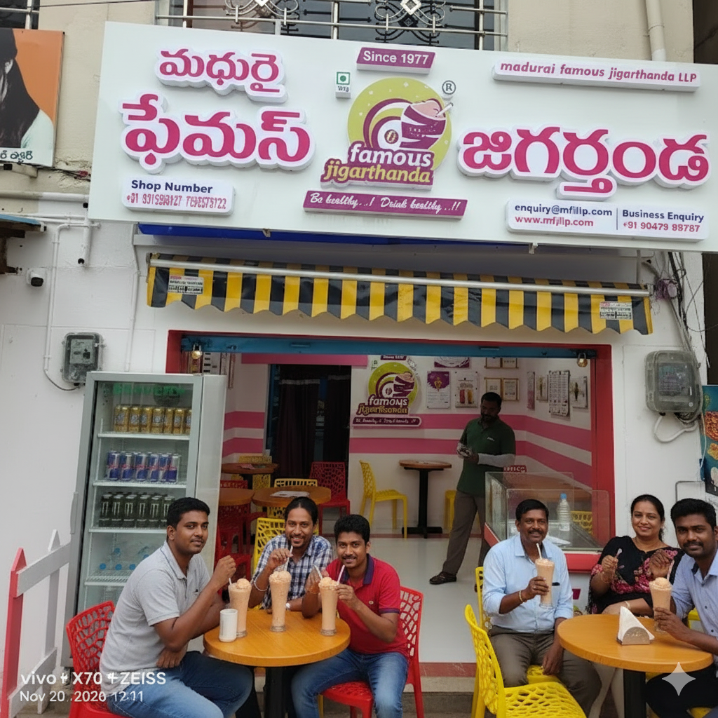 People happily enjoying Jigarthanda at the Madurai famous Jigarthanda outlet Franchise in Andhra Pradesh
