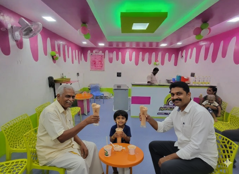 randfather, father, and child enjoying Jigarthanda