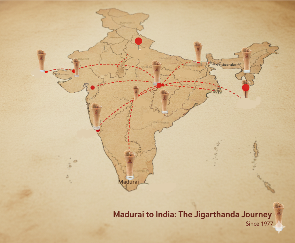 Map of India showing Jigarthanda expansion from Madurai to the nation