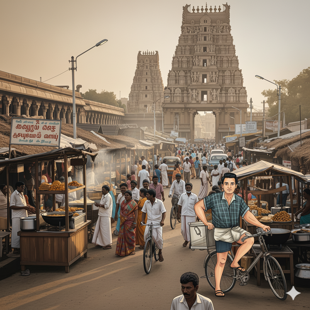 Man on a bicycle in a bustling street market.