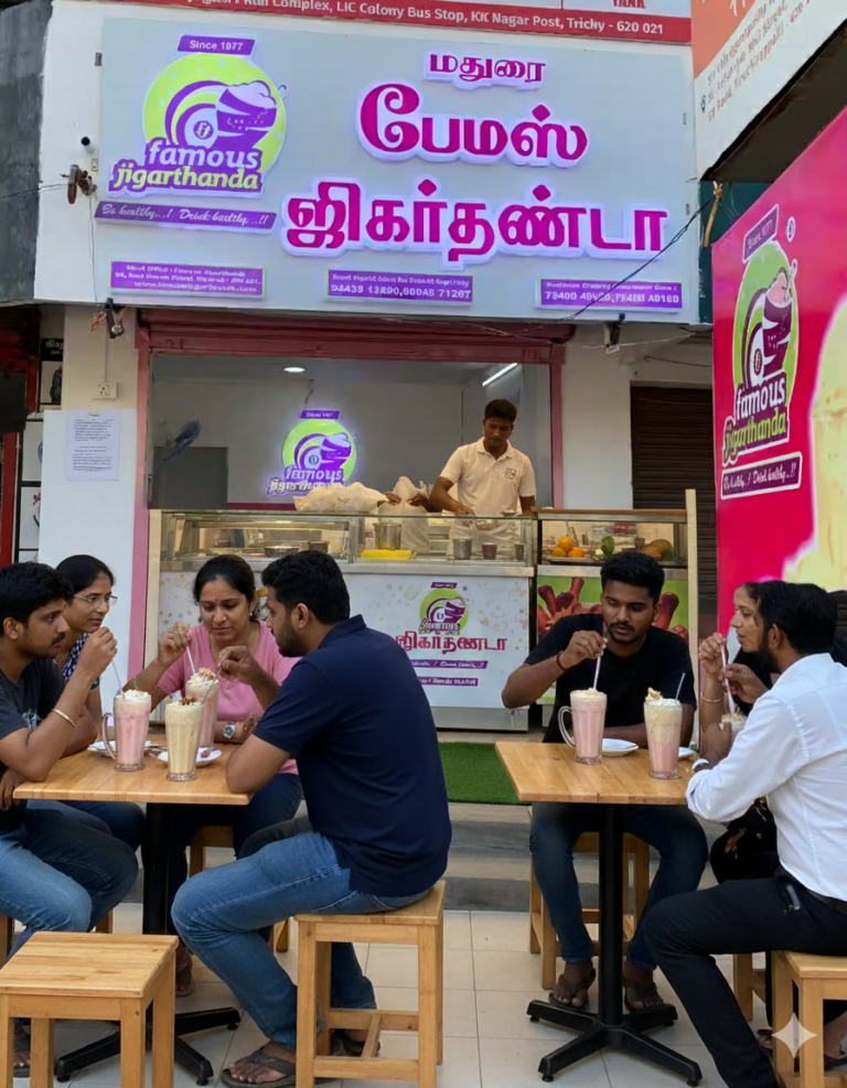 People enjoying Jigarthanda outside a Famous Jigarthanda shop