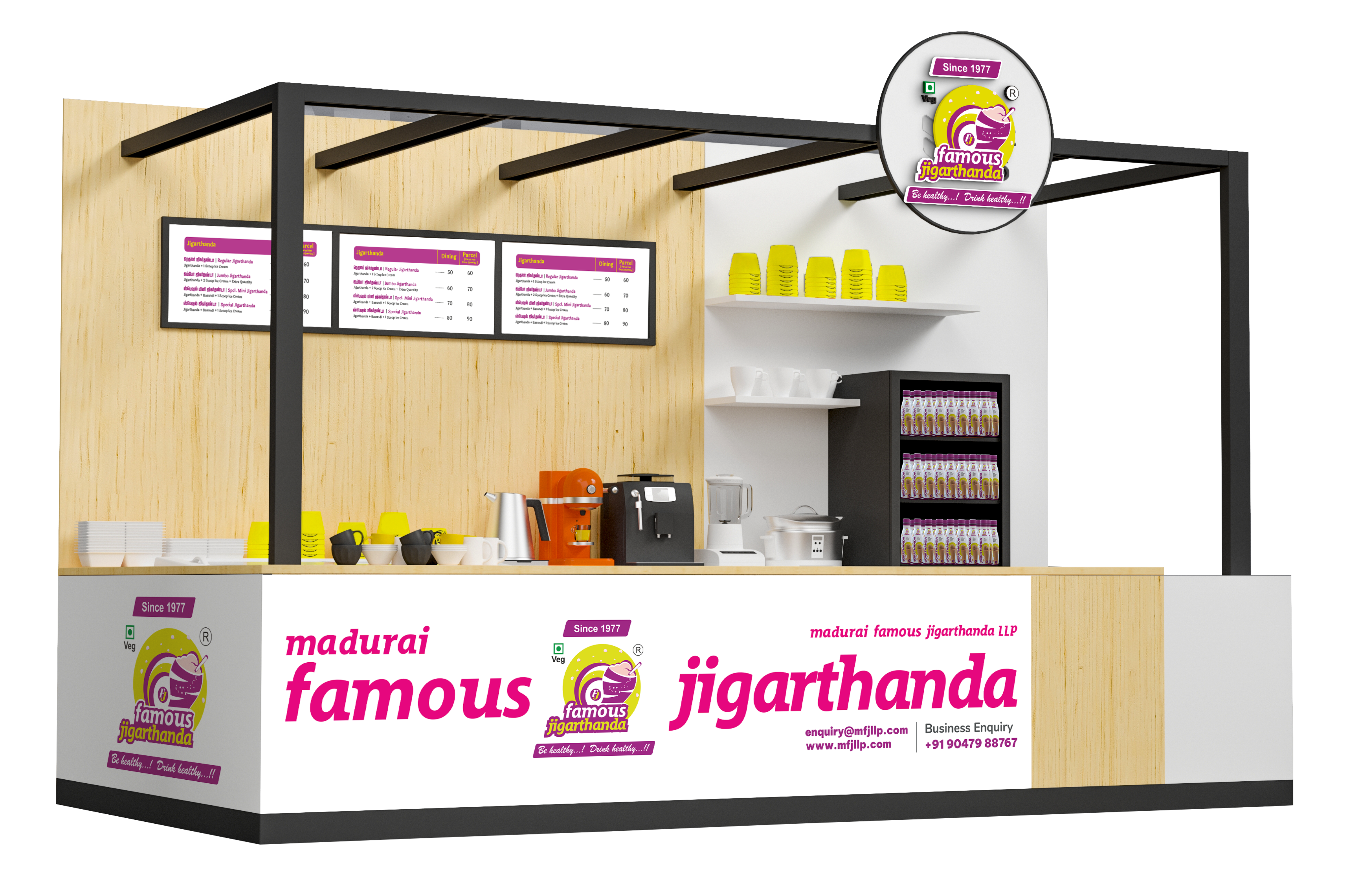kiosk design for Madurai Famous Jigarthanda Franchise in telangana