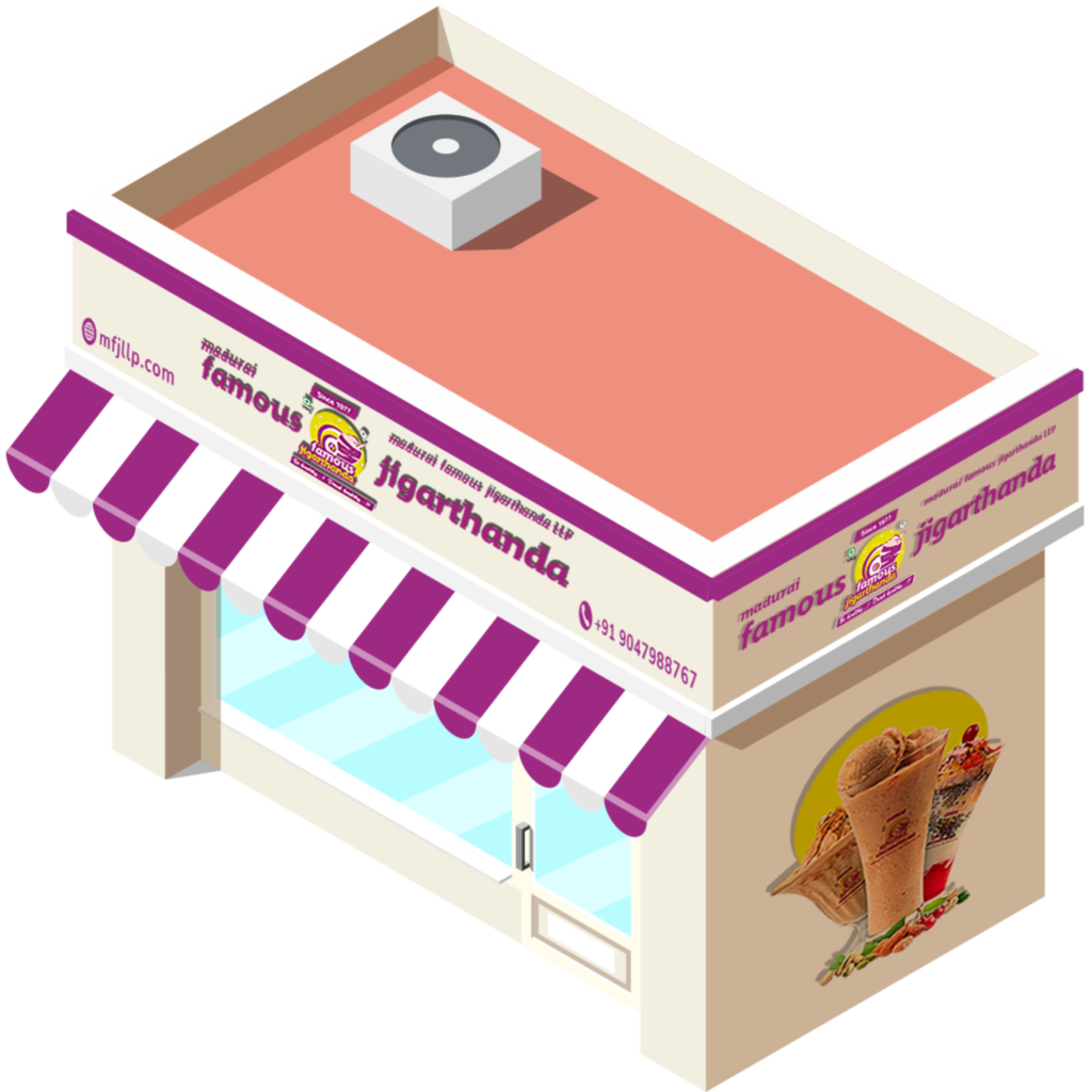 Isometric illustration of Madurai Famous Jigarthanda shop